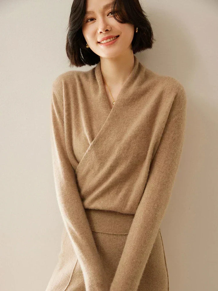 Women's Fuzzy Knit Sweater with Wrap Front and V-Neck