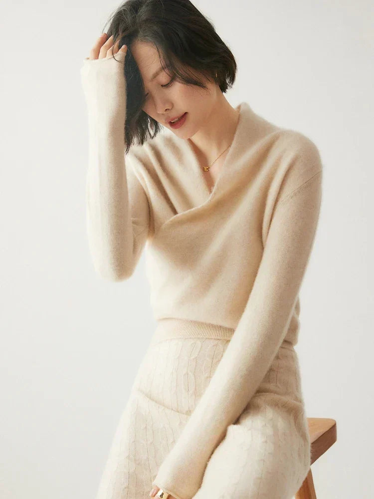 Women's Fuzzy Knit Sweater with Wrap Front and V-Neck