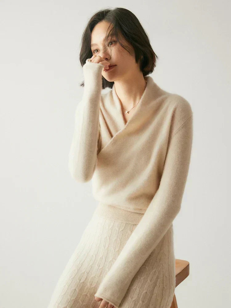 Women's Fuzzy Knit Sweater with Wrap Front and V-Neck