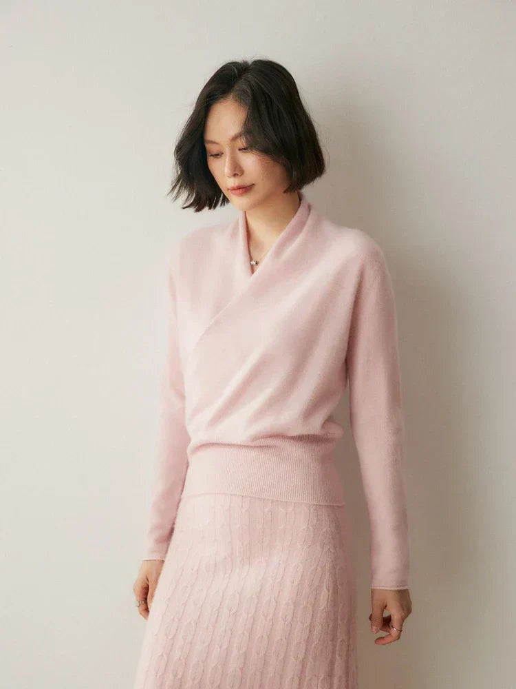 Women's Fuzzy Knit Sweater with Wrap Front and V-Neck