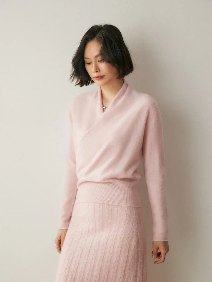 Women's Fuzzy Knit Sweater with Wrap Front and V-Neck
