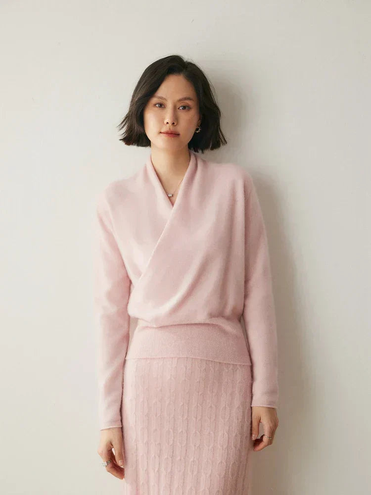 Women's Fuzzy Knit Sweater with Wrap Front and V-Neck