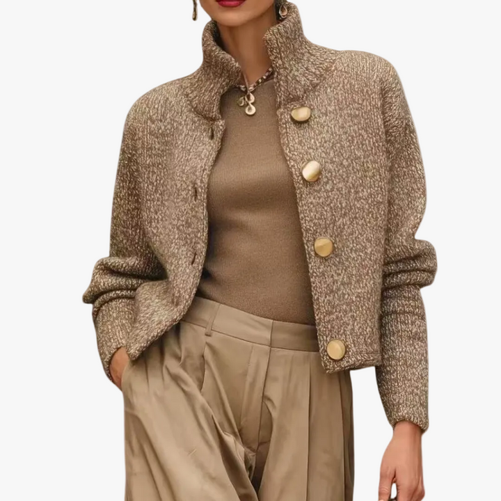 Women's Knitted Blend Sweater Jacket with Stand Collar and Front Buttons