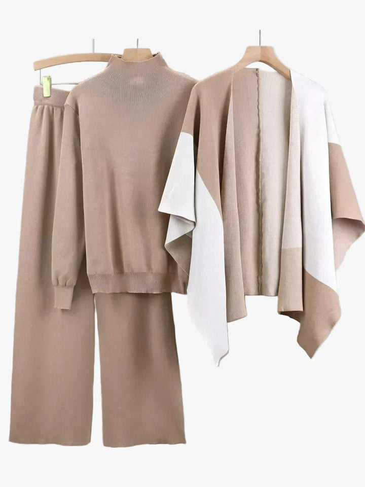 Women's Knitted Mix Sweater Set with Mock Polo and Open-Front Cape
