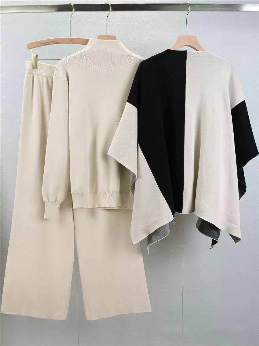 Women's Knitted Mix Sweater Set with Mock Polo and Open-Front Cape