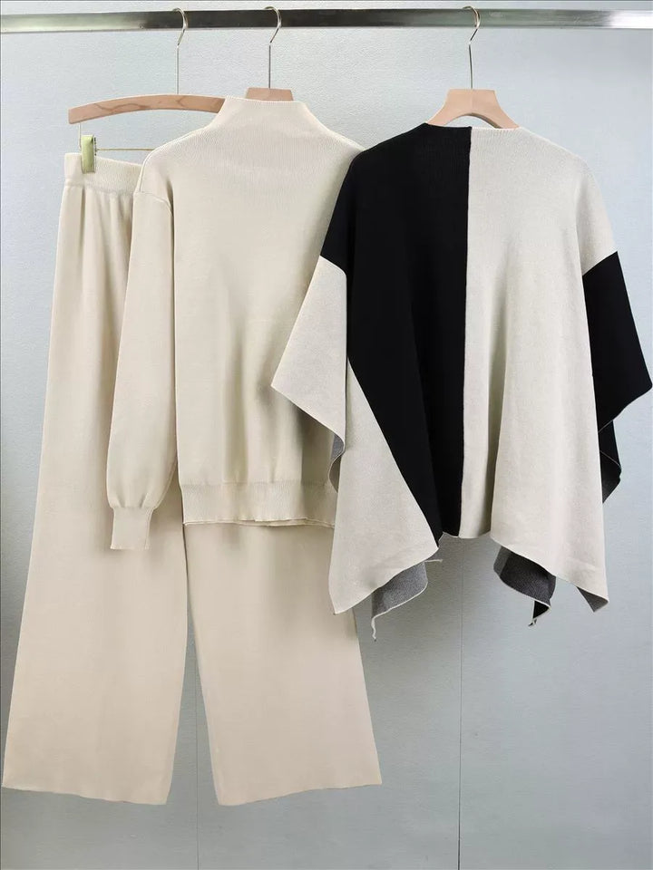 Women's Knitted Mix Sweater Set with Mock Polo and Open-Front Cape