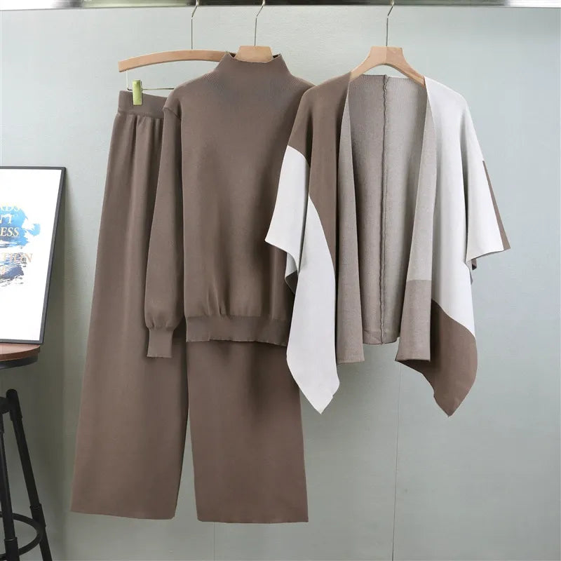 Women's Knitted Mix Sweater Set with Mock Polo and Open-Front Cape