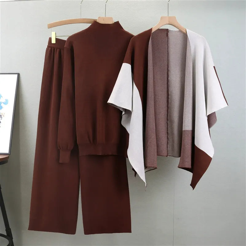 Women's Knitted Mix Sweater Set with Mock Polo and Open-Front Cape
