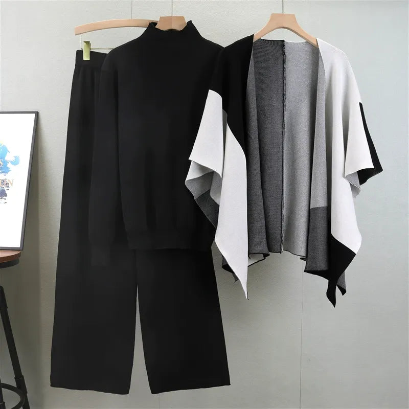 Women's Knitted Mix Sweater Set with Mock Polo and Open-Front Cape