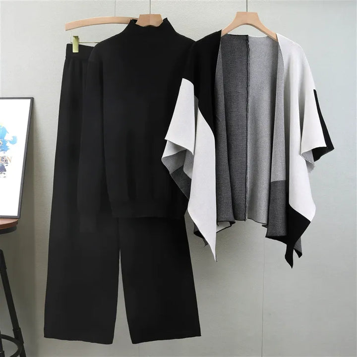 Women's Knitted Mix Sweater Set with Mock Polo and Open-Front Cape