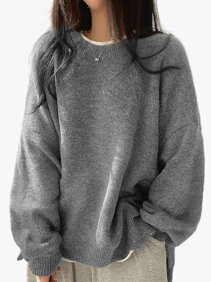Women's Knit Crewneck Sweater with Dropped Shoulders and Side Slits