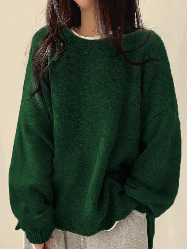 Women's Knit Crewneck Sweater with Dropped Shoulders and Side Slits
