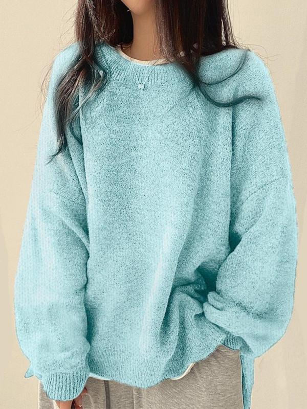 Women's Knit Crewneck Sweater with Dropped Shoulders and Side Slits