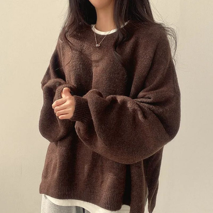 Women's Knit Crewneck Sweater with Dropped Shoulders and Side Slits