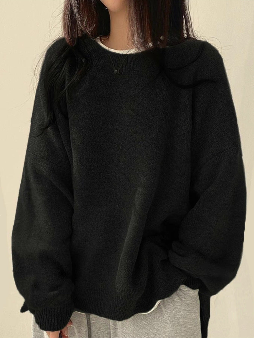 Women's Knit Crewneck Sweater with Dropped Shoulders and Side Slits