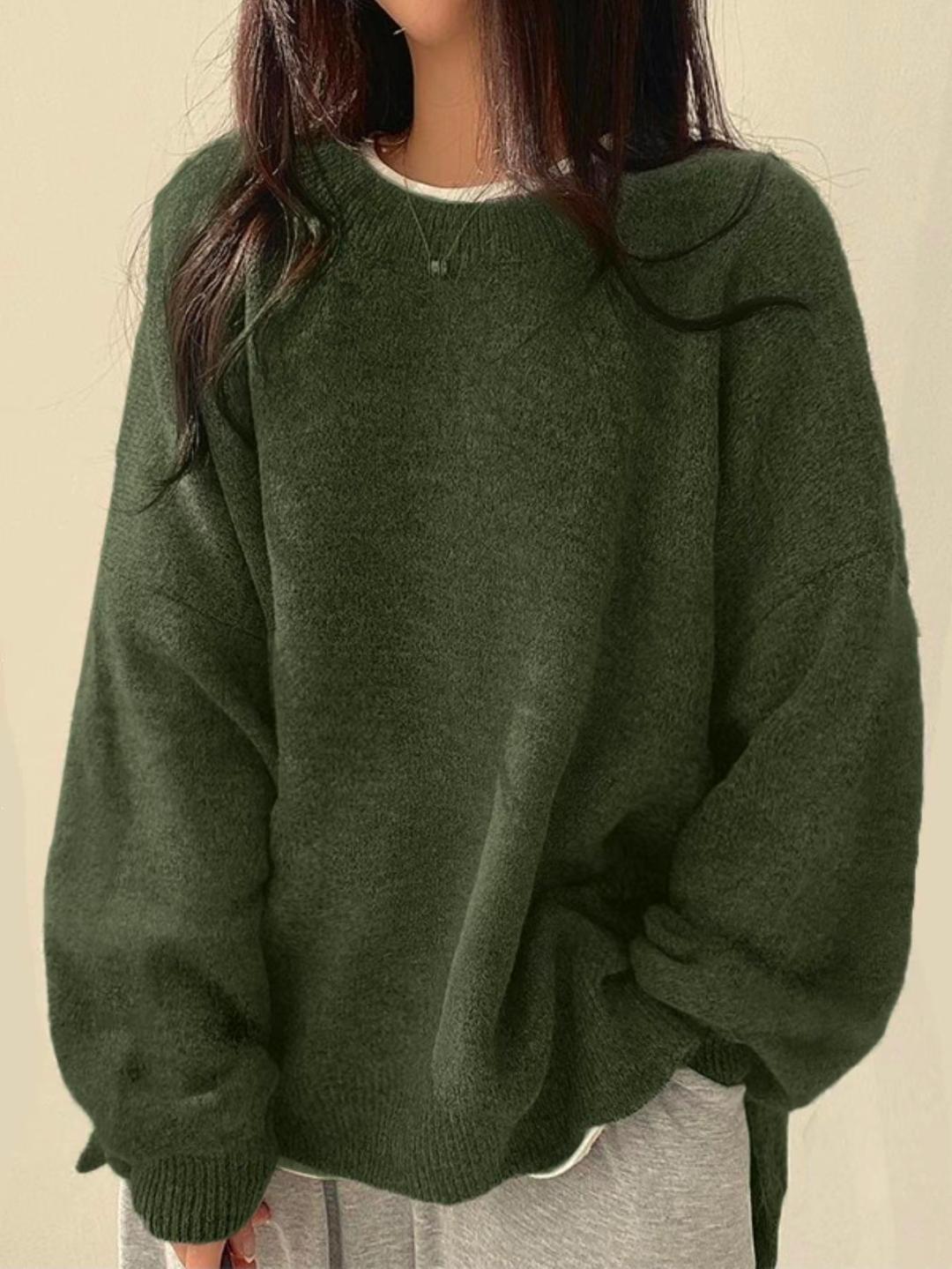 Women's Knit Crewneck Sweater with Dropped Shoulders and Side Slits