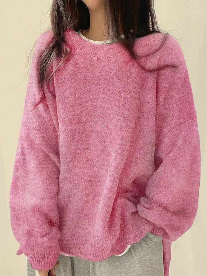 Women's Knit Crewneck Sweater with Dropped Shoulders and Side Slits