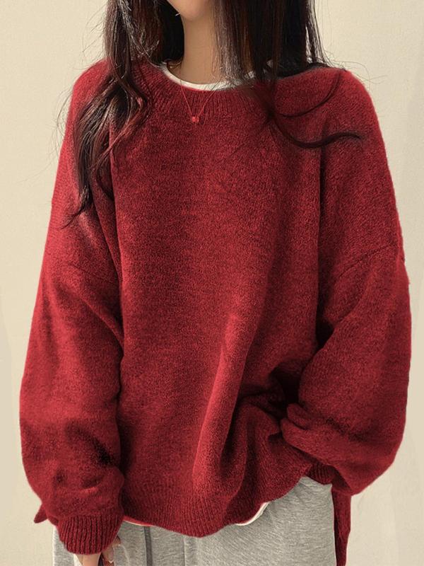 Women's Knit Crewneck Sweater with Dropped Shoulders and Side Slits
