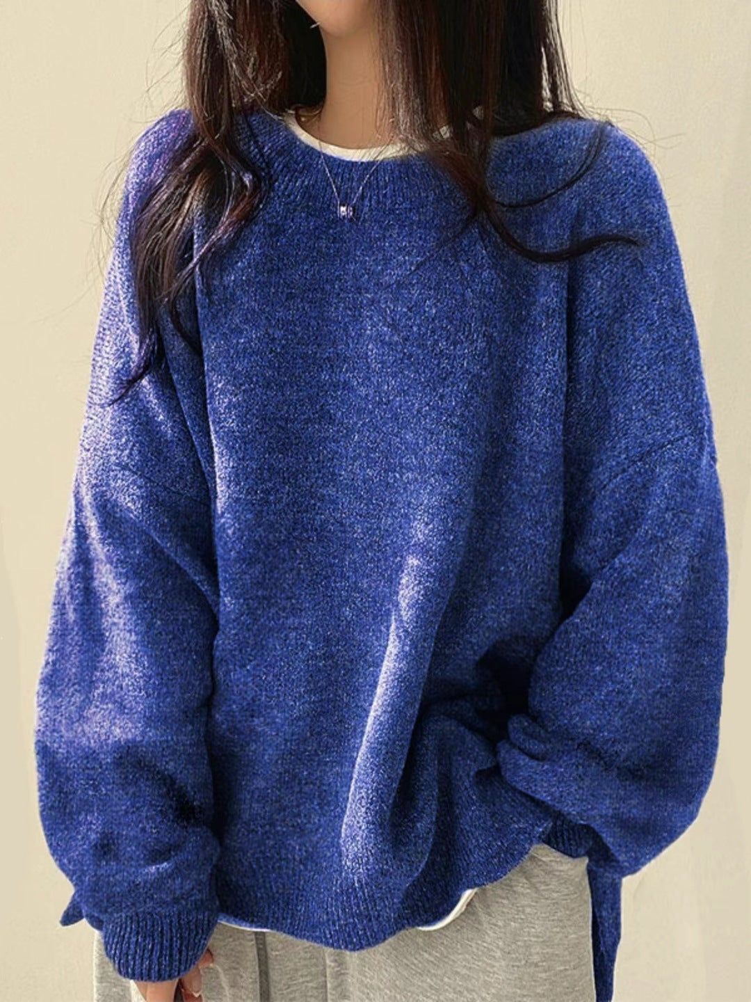 Women's Knit Crewneck Sweater with Dropped Shoulders and Side Slits
