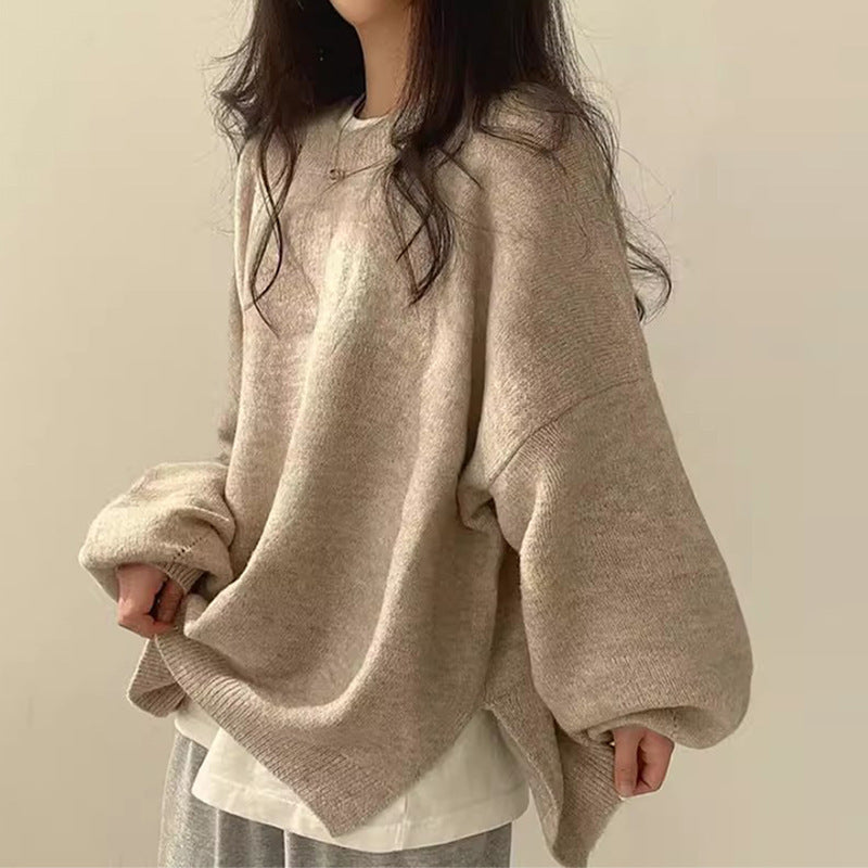 Women's Knit Crewneck Sweater with Dropped Shoulders and Side Slits
