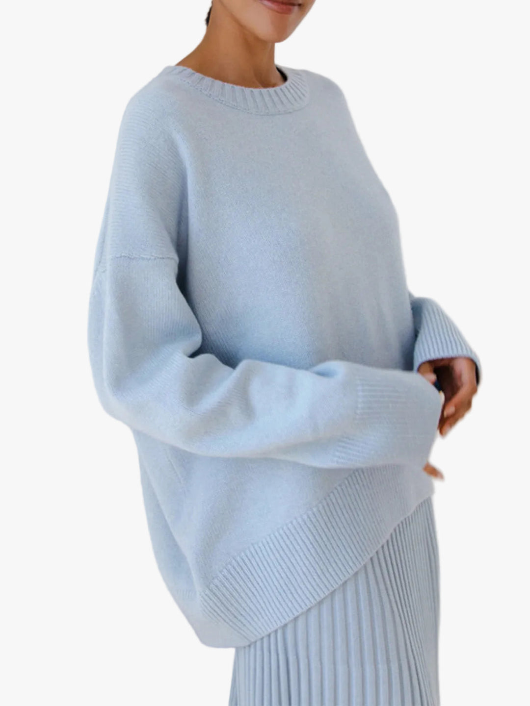 Women's Knitted Pullover Sweater with Round Neck and Rib Trim