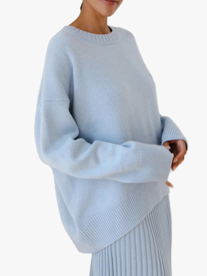 Women's Knitted Pullover Sweater with Round Neck and Rib Trim