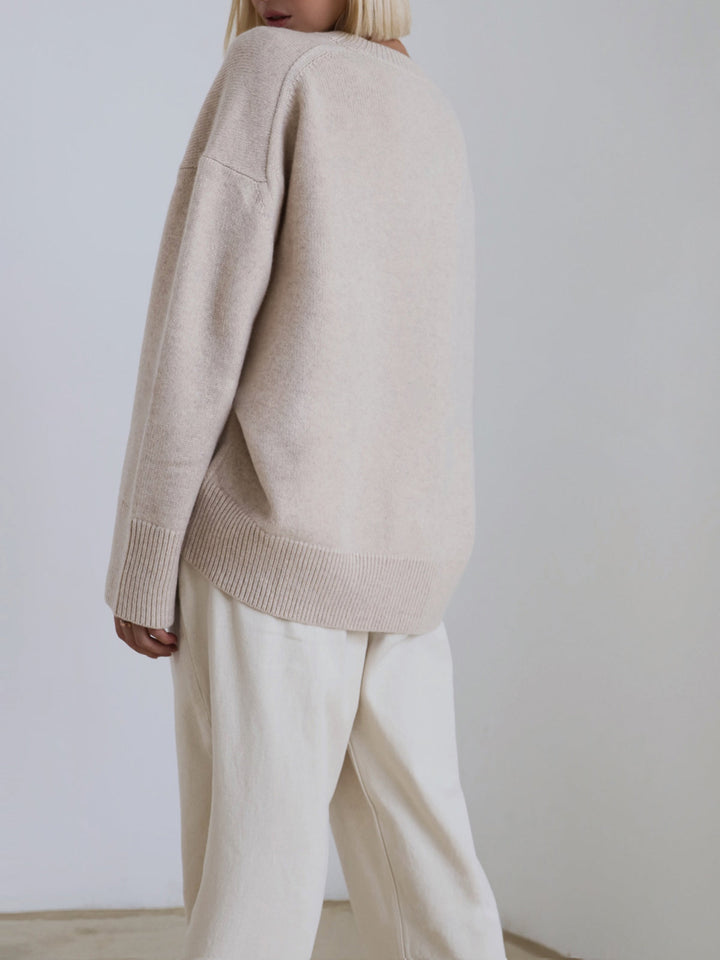 Women's Knitted Pullover Sweater with Round Neck and Rib Trim