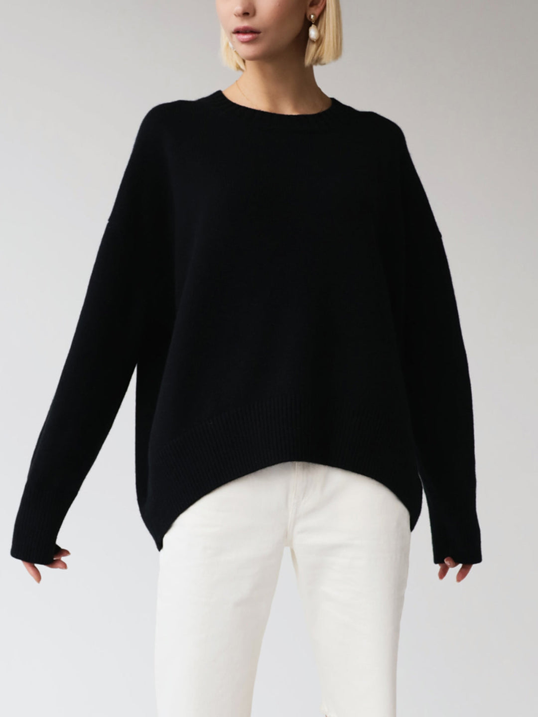 Women's Knitted Pullover Sweater with Round Neck and Rib Trim
