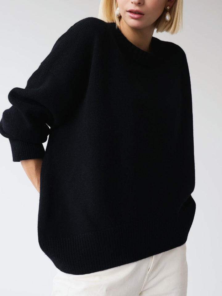 Women's Knitted Pullover Sweater with Round Neck and Rib Trim