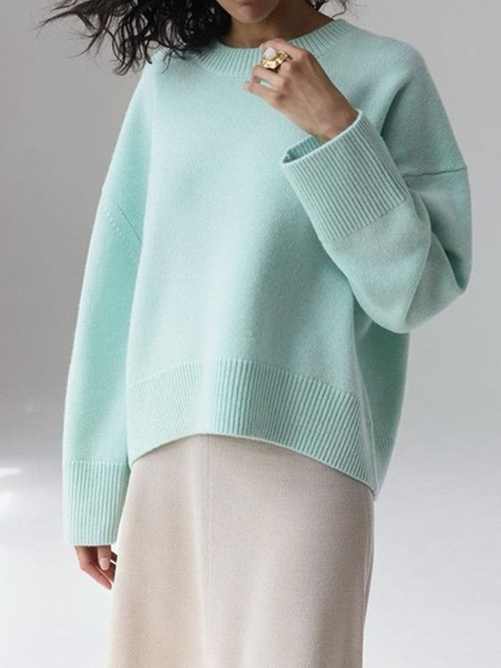 Women's Knitted Pullover Sweater with Round Neck and Rib Trim