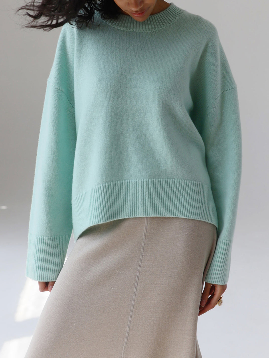 Women's Knitted Pullover Sweater with Round Neck and Rib Trim