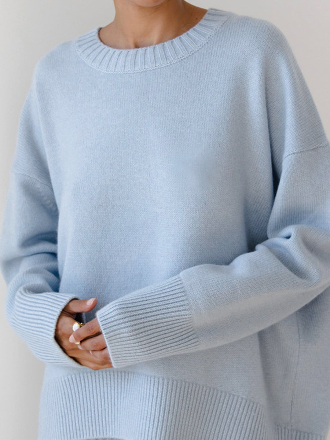 Women's Knitted Pullover Sweater with Round Neck and Rib Trim