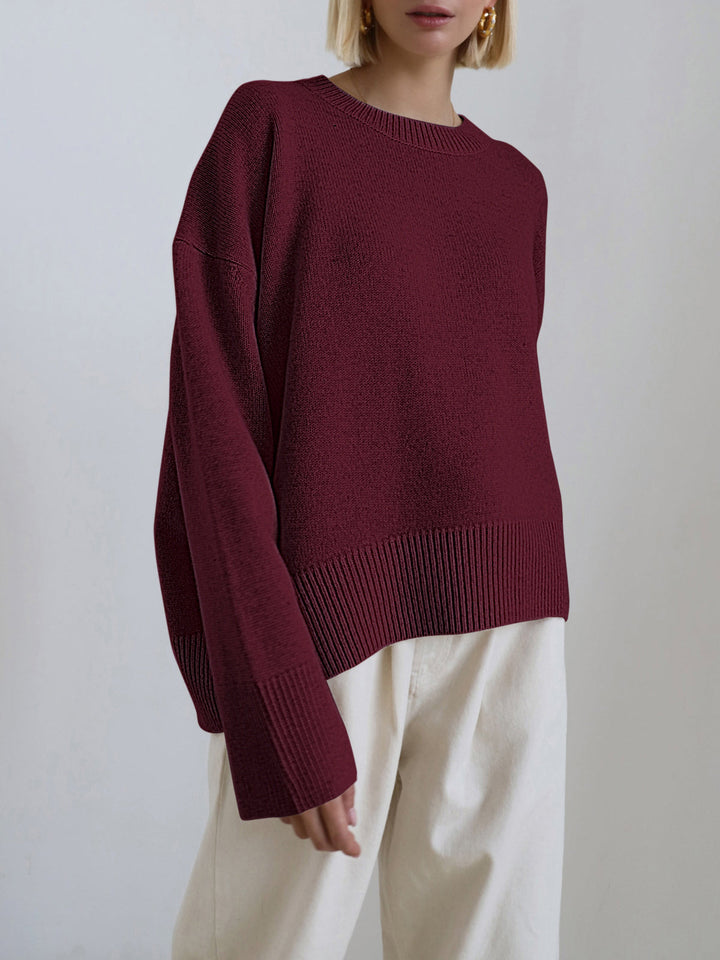 Women's Knitted Pullover Sweater with Round Neck and Rib Trim