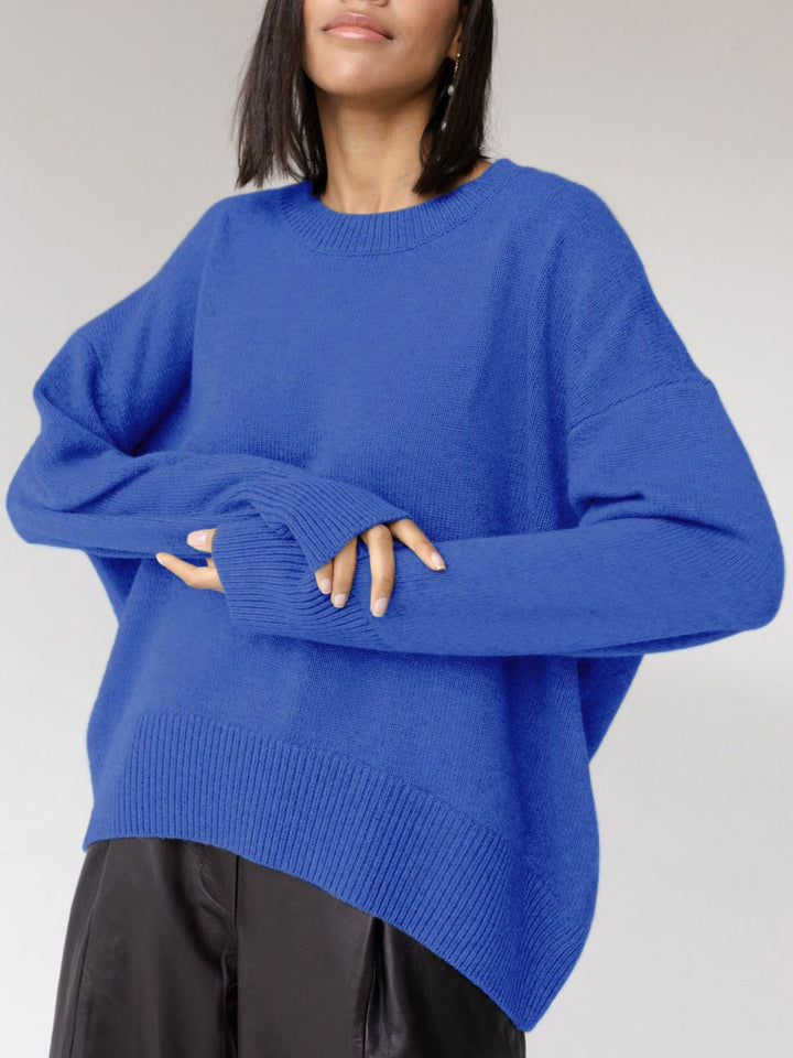 Women's Knitted Pullover Sweater with Round Neck and Rib Trim