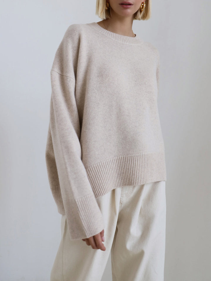 Women's Knitted Pullover Sweater with Round Neck and Rib Trim