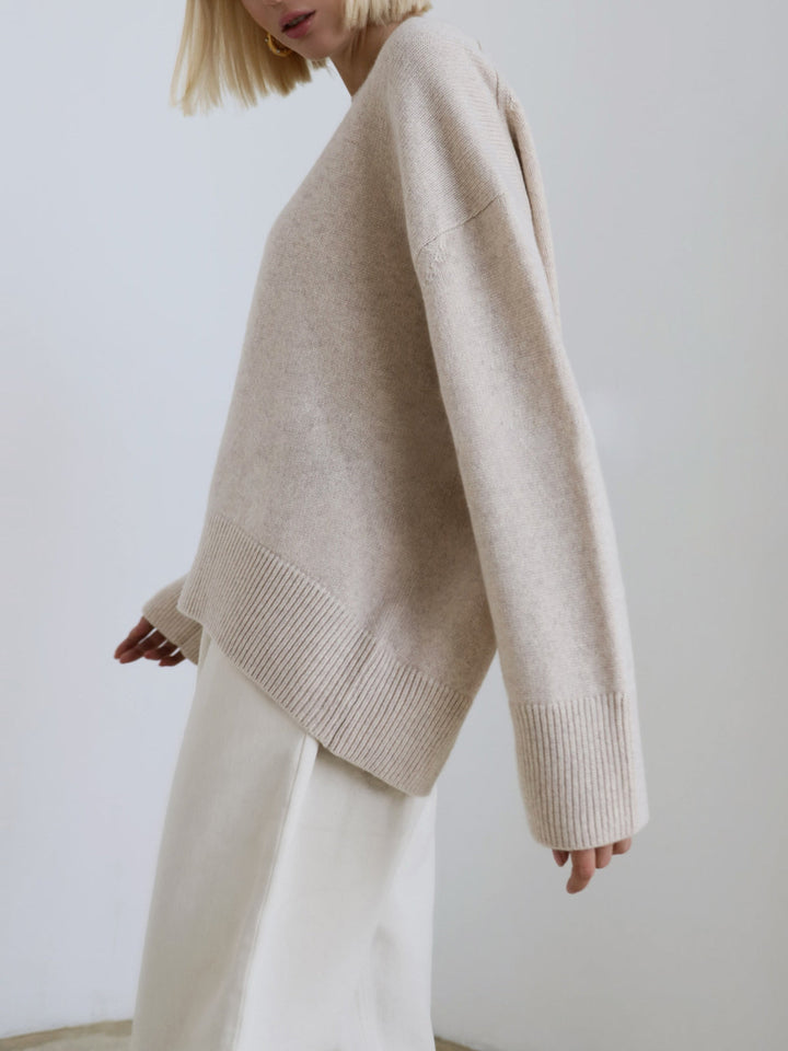 Women's Knitted Pullover Sweater with Round Neck and Rib Trim