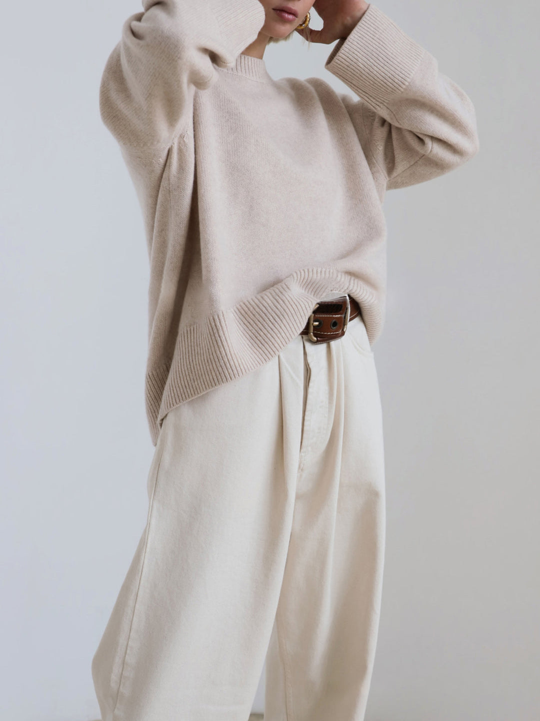 Women's Knitted Pullover Sweater with Round Neck and Rib Trim