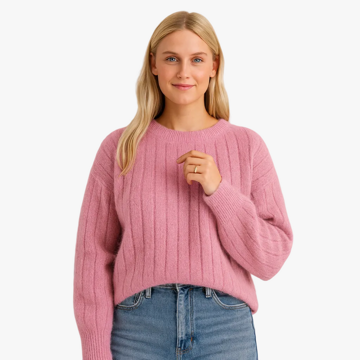 Women's Knitted Pullover Sweater with Round Neck and Ribbed Hem