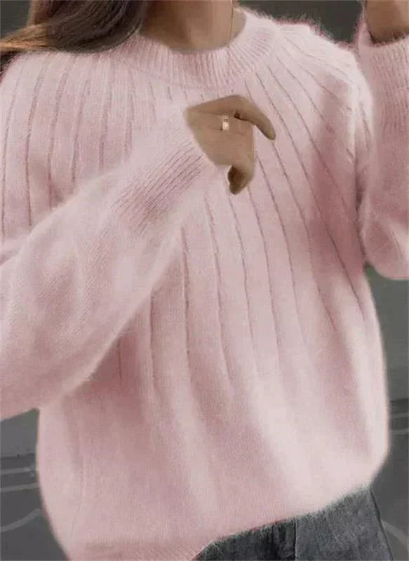 Women's Knitted Pullover Sweater with Round Neck and Ribbed Hem