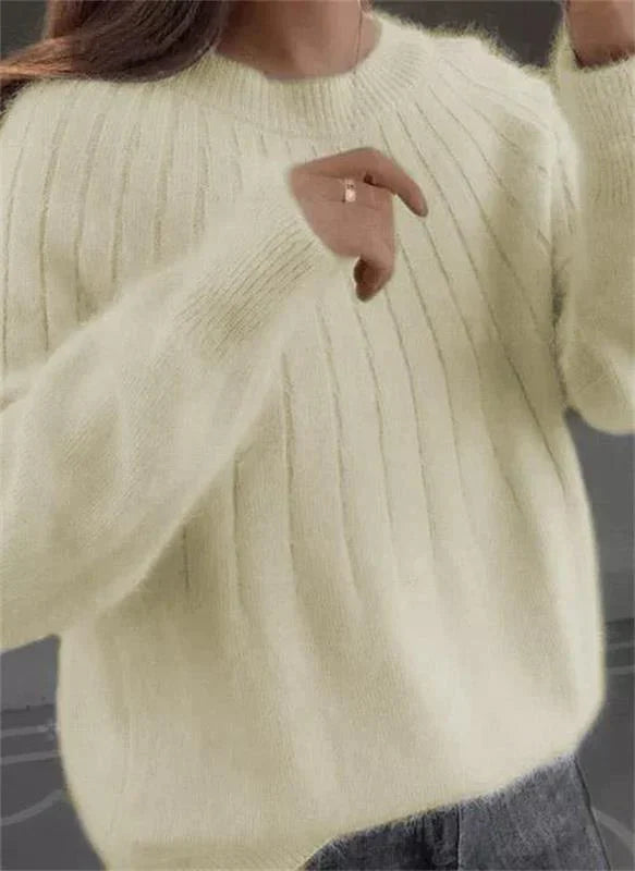 Women's Knitted Pullover Sweater with Round Neck and Ribbed Hem