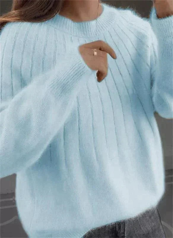 Women's Knitted Pullover Sweater with Round Neck and Ribbed Hem