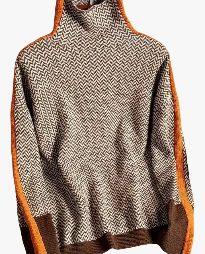Women's Knitted Turtleneck Sweater with Herringbone Pattern and Striped Sleeves