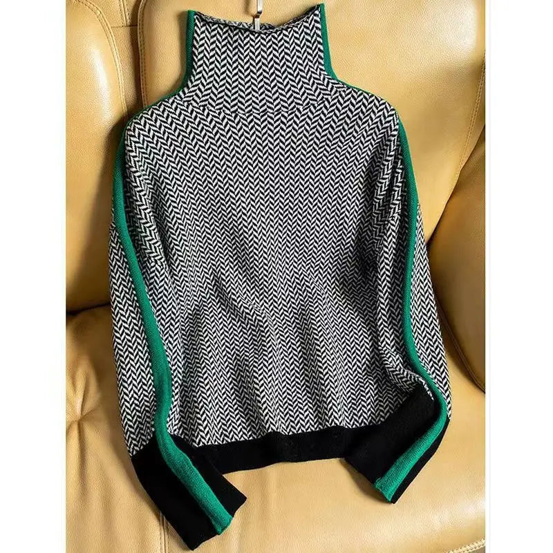 Women's Knitted Turtleneck Sweater with Herringbone Pattern and Striped Sleeves