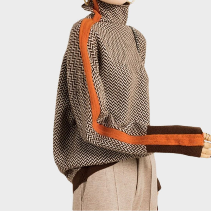 Women's Knitted Turtleneck Sweater with Herringbone Pattern and Striped Sleeves
