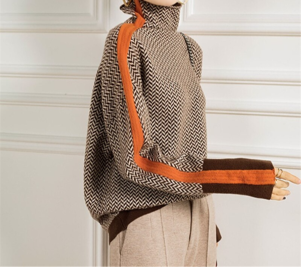 Women's Knitted Turtleneck Sweater with Herringbone Pattern and Striped Sleeves