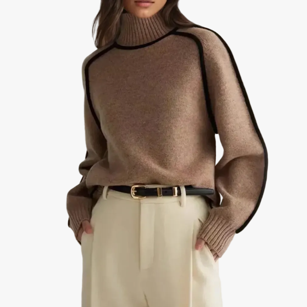 Ladies Knitted Turtleneck Sweater with Raglan Sleeves and Trim