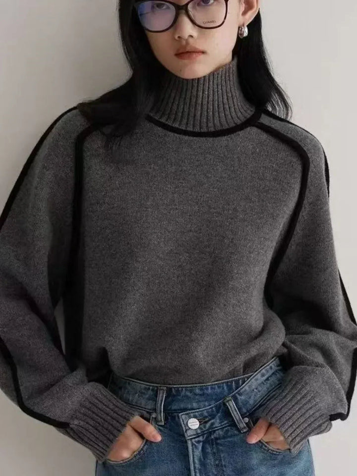 Ladies Knitted Turtleneck Sweater with Raglan Sleeves and Trim