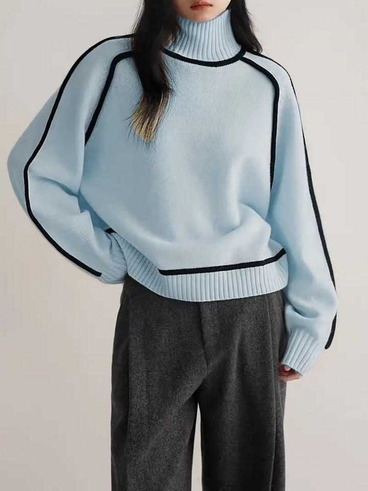 Ladies Knitted Turtleneck Sweater with Raglan Sleeves and Trim