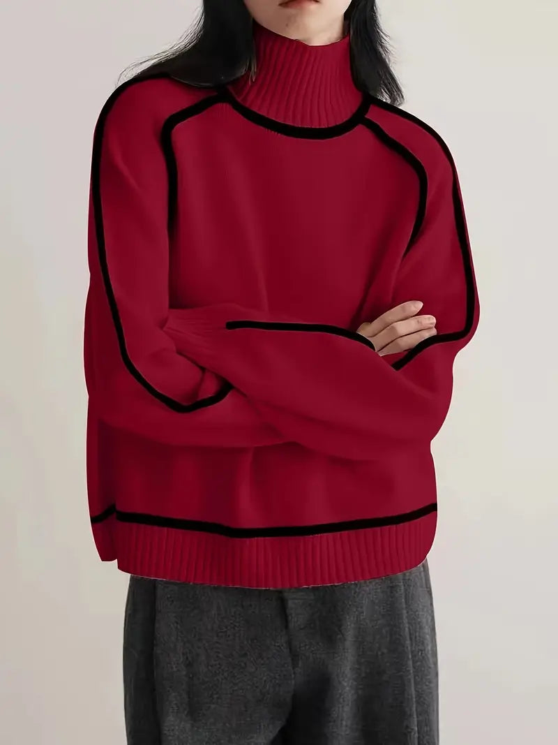 Ladies Knitted Turtleneck Sweater with Raglan Sleeves and Trim