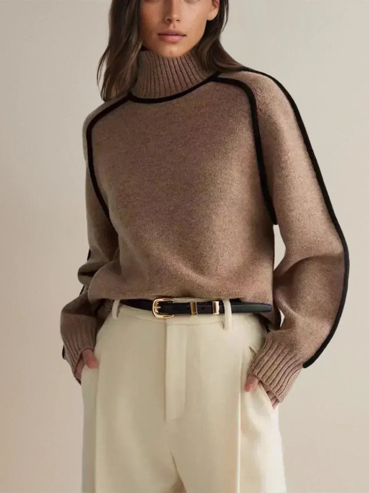 Ladies Knitted Turtleneck Sweater with Raglan Sleeves and Trim